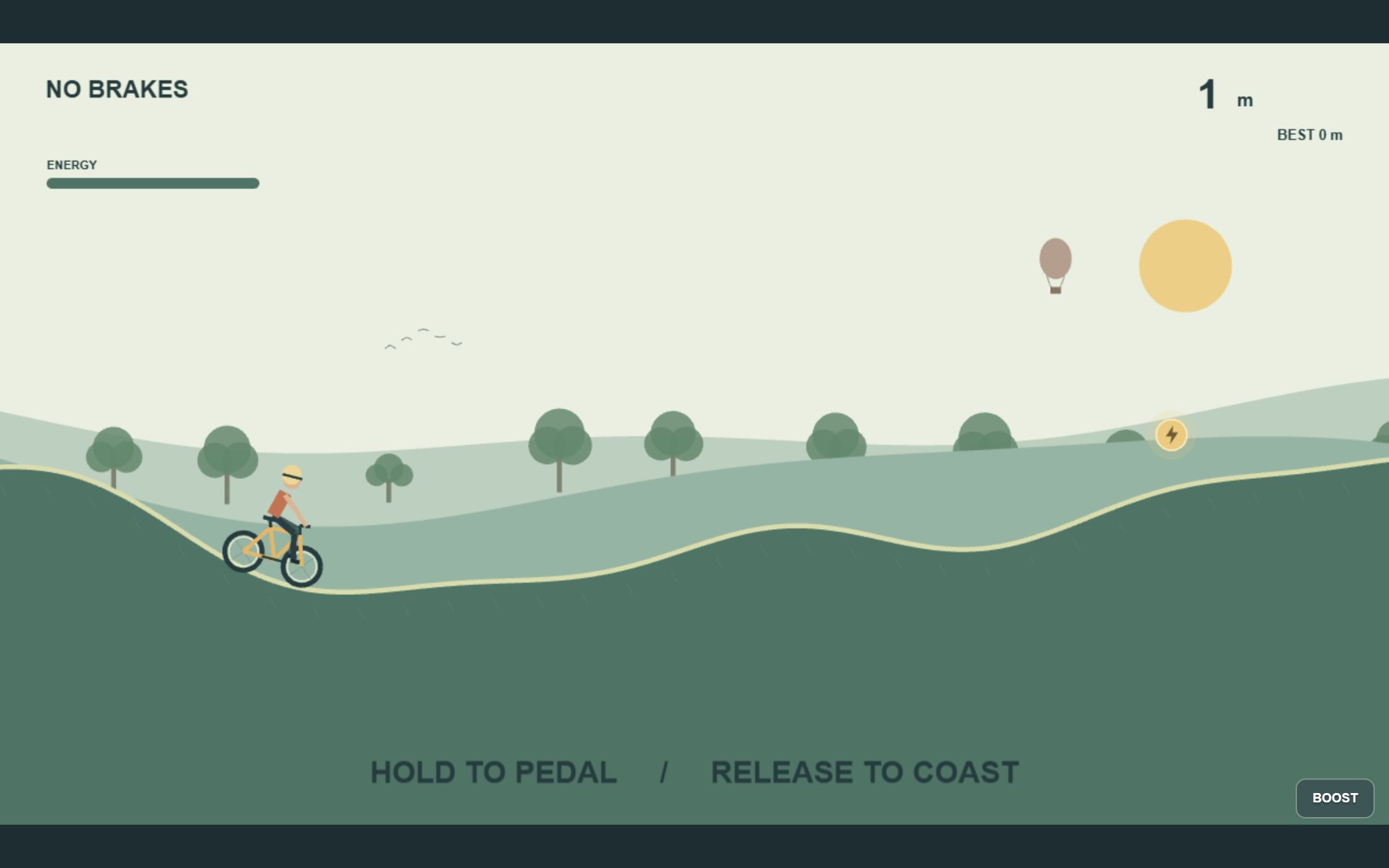 No Brakes gameplay with a cyclist riding through rolling countryside